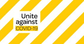 Unite against COVID-19 banner with yellow and white stripes.